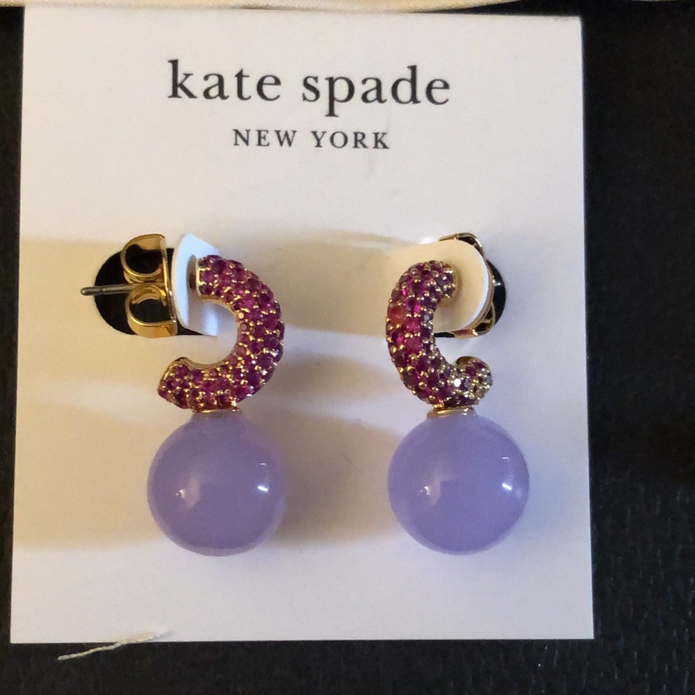 Kate Spade Showtime Huggie Hoop Earrings With Red Crystal & Purple Bead NWT - Picture 2 of 14